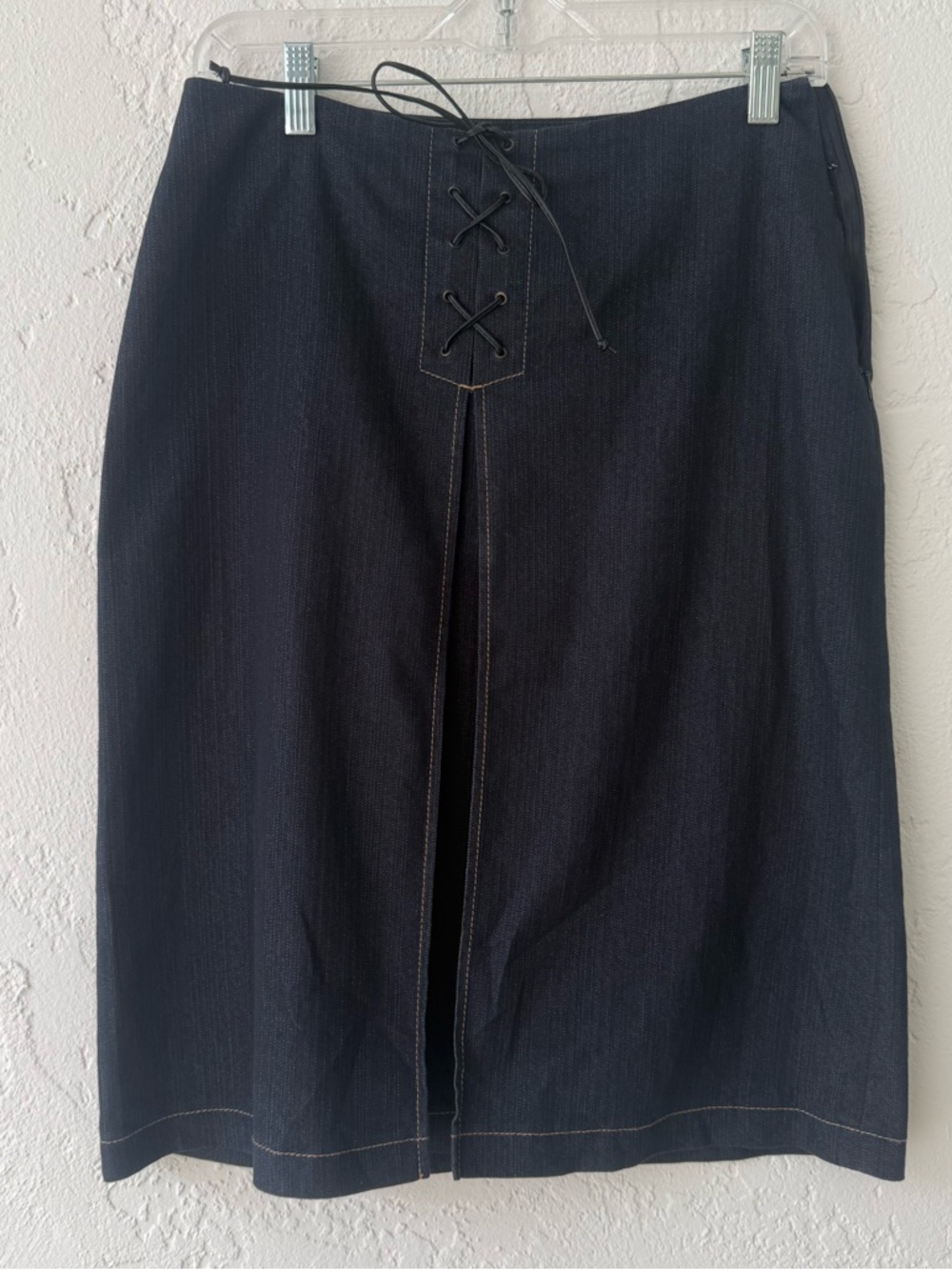 Classic Navy Lace-Up Front Dressy Denim Skirt